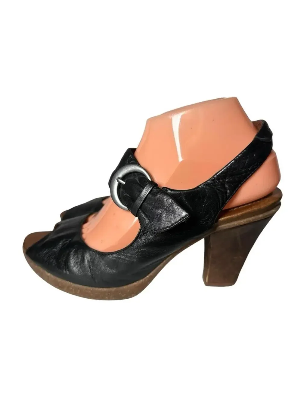 Naya Arvada Black Leather Slingback Peep-Toe Heels Sandals Size 8 M